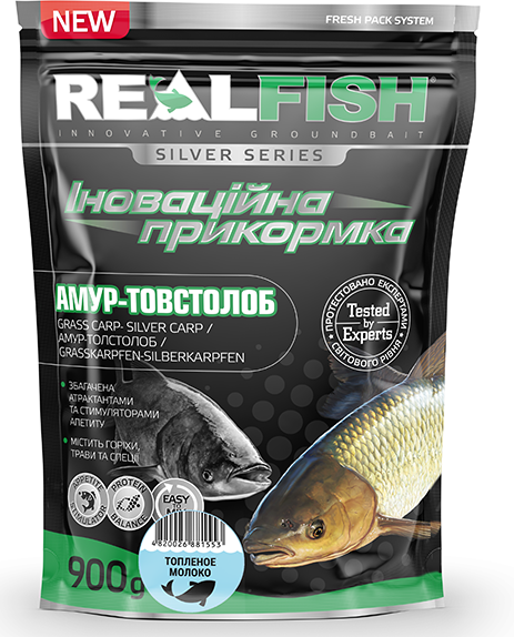 Прикормка RealFish амур, толстолоб топленое молоко 900г