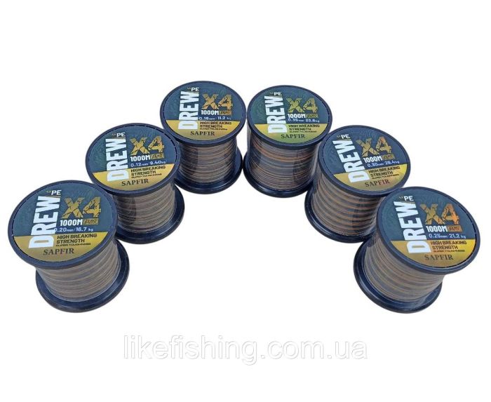 Шнур 0.25 мм 1000 м 21.2 кг Drew Sapfir X4