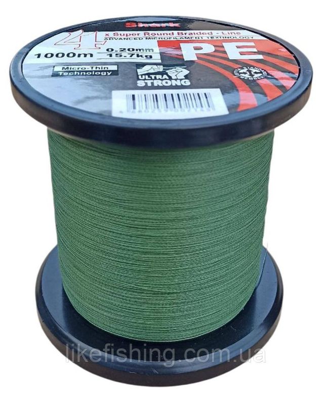 Шнур 0.20 мм 1000 м 15.7 кг Shark PE X4 Super Round Braided - Line