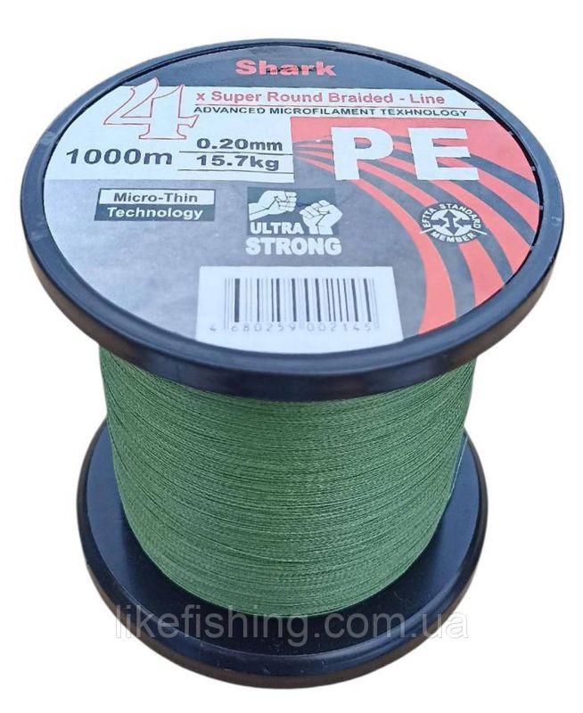 Шнур 0.20 мм 1000 м 15.7 кг Shark PE X4 Super Round Braided - Line