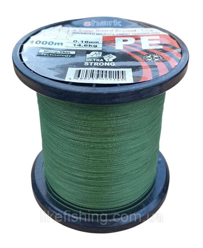 Шнур 0.18 мм 1000 м 14.6 кг Shark PE X4 Super Round Braided - Line