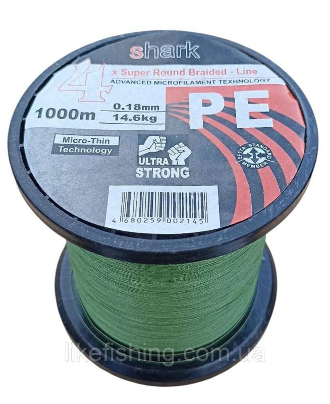 Шнур 0.18 мм 1000 м 14.6 кг Shark PE X4 Super Round Braided - Line