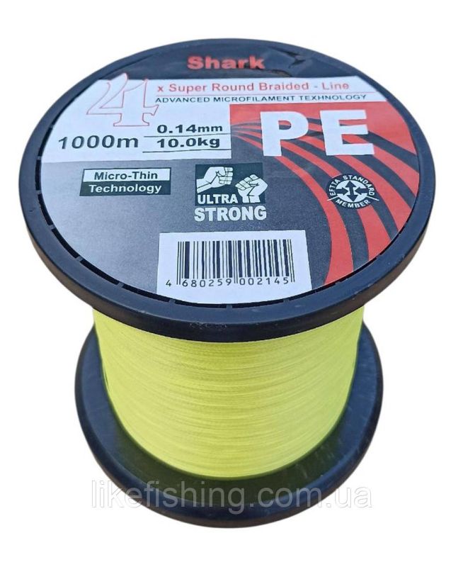 Шнур 0.14 мм 1000 м 10 кг Shark PE X4 Super Round Braided - Line
