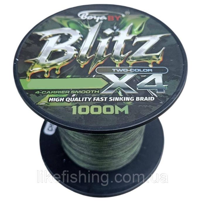 Шнур рыболовный 0.10 мм 1000 м 8 кг PE X4 Blitz Boya By Two-Color зелено - черный
